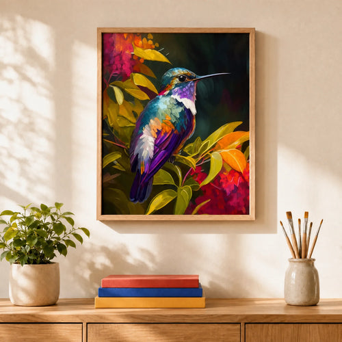 Amber Hummingbird Paint by Numbers Kit: finished canvas displayed in a living room