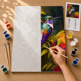 Amber Hummingbird Paint by Numbers Kit: before and after: numbered canvas and hand painted result