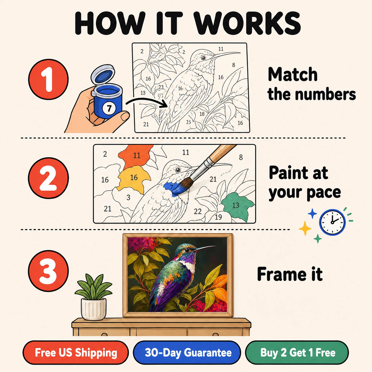 Amber Hummingbird Paint by Numbers Kit: how paint by numbers works step by step
