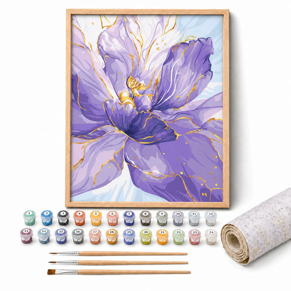 Amethyst Bloom Paint by Numbers Kit: complete kit with framed artwork, numbered paint pots and brushes