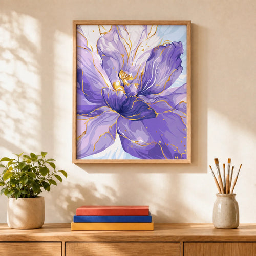 Amethyst Bloom Paint by Numbers Kit: finished canvas displayed in a living room