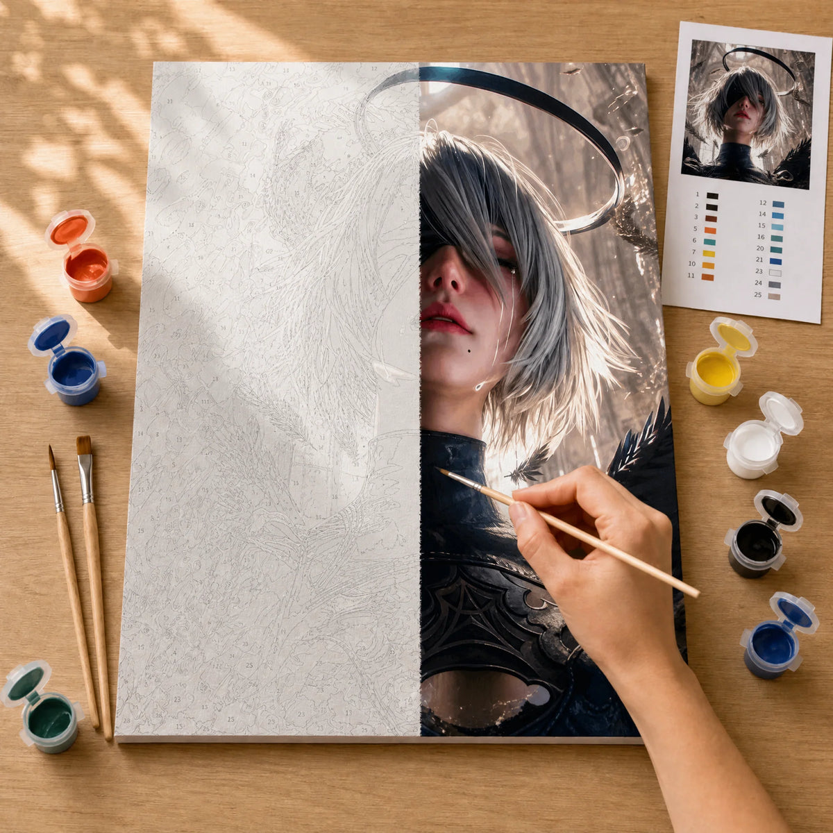 Android Portrait Paint by Numbers Kit: before and after: numbered canvas and hand painted result