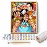 Anime Crew Paint by Numbers Kit: complete kit with framed artwork, numbered paint pots and brushes