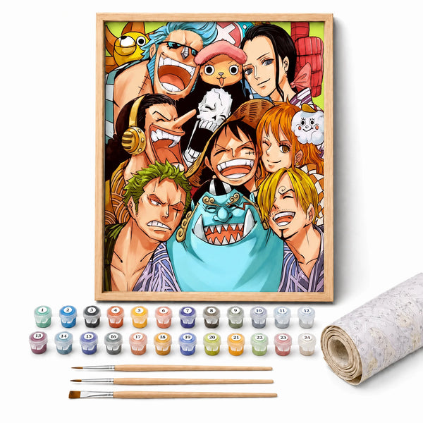 Anime Crew Paint by Numbers Kit: complete kit with framed artwork, numbered paint pots and brushes