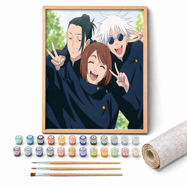 Anime Friends Paint by Numbers Kit: complete kit with framed artwork, numbered paint pots and brushes