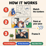 Anime Friends Paint by Numbers Kit: how paint by numbers works step by step