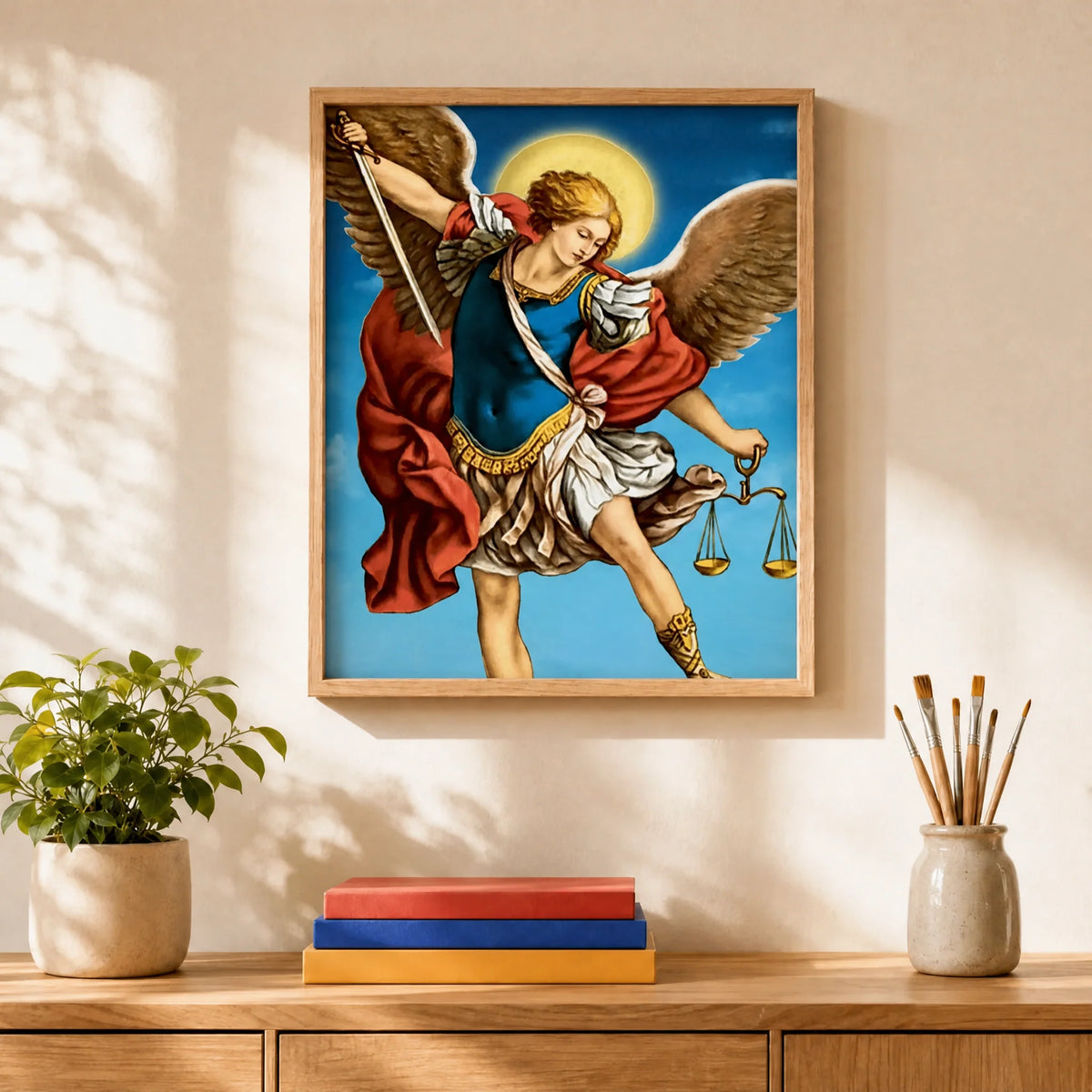 Archangel Michael Paint by Numbers Kit: finished canvas displayed in a living room