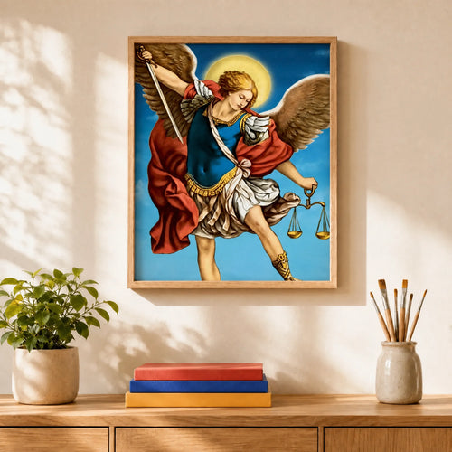 Archangel Michael Paint by Numbers Kit: finished canvas displayed in a living room