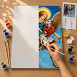 Archangel Michael Paint by Numbers Kit: before and after: numbered canvas and hand painted result