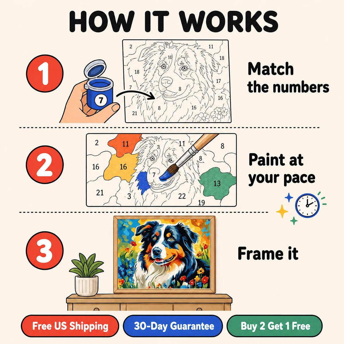 Aussie Blooms Paint by Numbers Kit: how paint by numbers works step by step