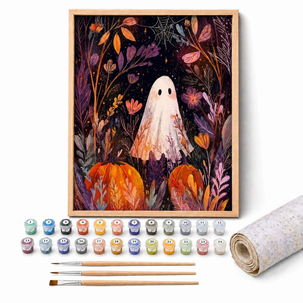 Autumn Ghost Paint by Numbers Kit: complete kit with framed artwork, numbered paint pots and brushes