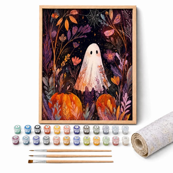 Autumn Ghost Paint by Numbers Kit: complete kit with framed artwork, numbered paint pots and brushes