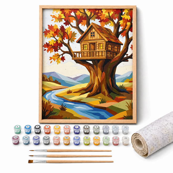 Autumn House Paint by Numbers Kit: complete kit with framed artwork, numbered paint pots and brushes