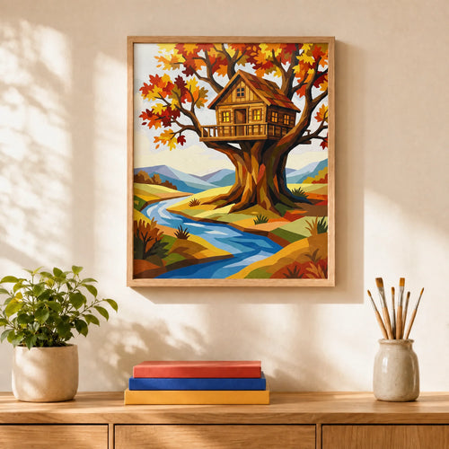 Autumn House Paint by Numbers Kit: finished canvas displayed in a living room