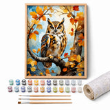 Autumn Owl Paint by Numbers Kit: complete kit with framed artwork, numbered paint pots and brushes