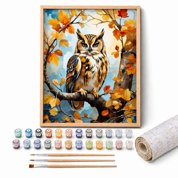 Autumn Owl Paint by Numbers Kit: complete kit with framed artwork, numbered paint pots and brushes