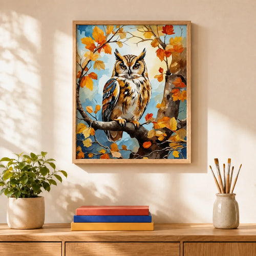 Autumn Owl Paint by Numbers Kit: finished canvas displayed in a living room