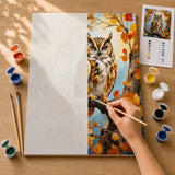 Autumn Owl Paint by Numbers Kit: before and after: numbered canvas and hand painted result