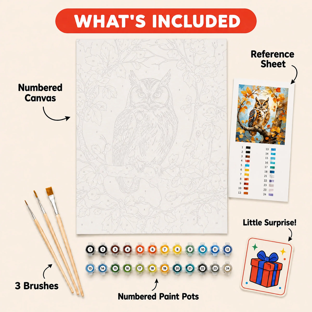 Autumn Owl Paint by Numbers Kit: everything included in the kit