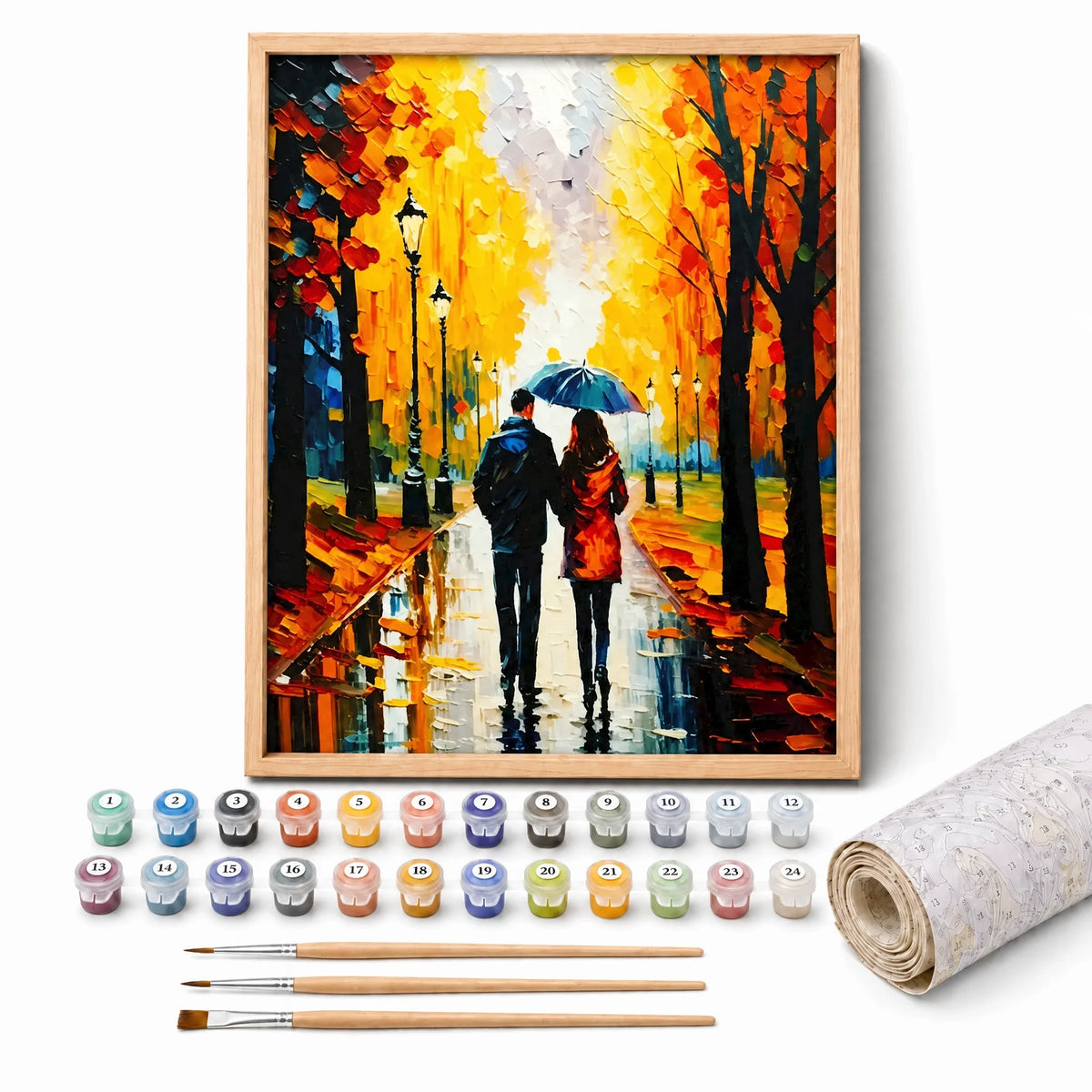 Autumn Rain Walk Paint by Numbers Kit: complete kit with framed artwork, numbered paint pots and brushes
