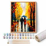 Autumn Rain Walk Paint by Numbers Kit: complete kit with framed artwork, numbered paint pots and brushes