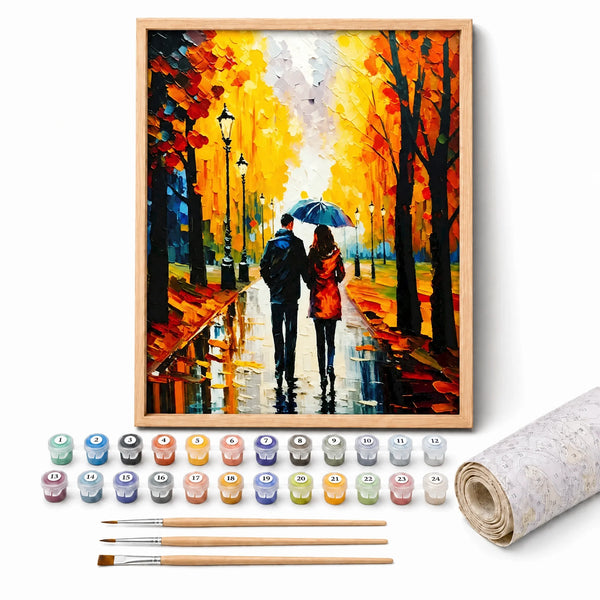 Autumn Rain Walk Paint by Numbers Kit: complete kit with framed artwork, numbered paint pots and brushes