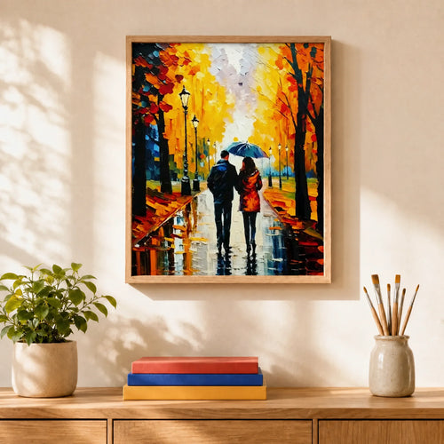 Autumn Rain Walk Paint by Numbers Kit: finished canvas displayed in a living room