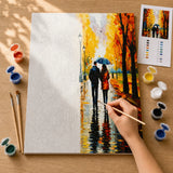 Autumn Rain Walk Paint by Numbers Kit: before and after: numbered canvas and hand painted result