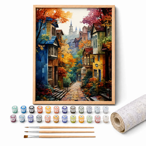 Autumn Village Lane Paint by Numbers Kit: complete kit with framed artwork, numbered paint pots and brushes