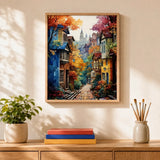 Autumn Village Lane Paint by Numbers Kit: finished canvas displayed in a living room