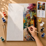 Autumn Village Lane Paint by Numbers Kit: before and after: numbered canvas and hand painted result