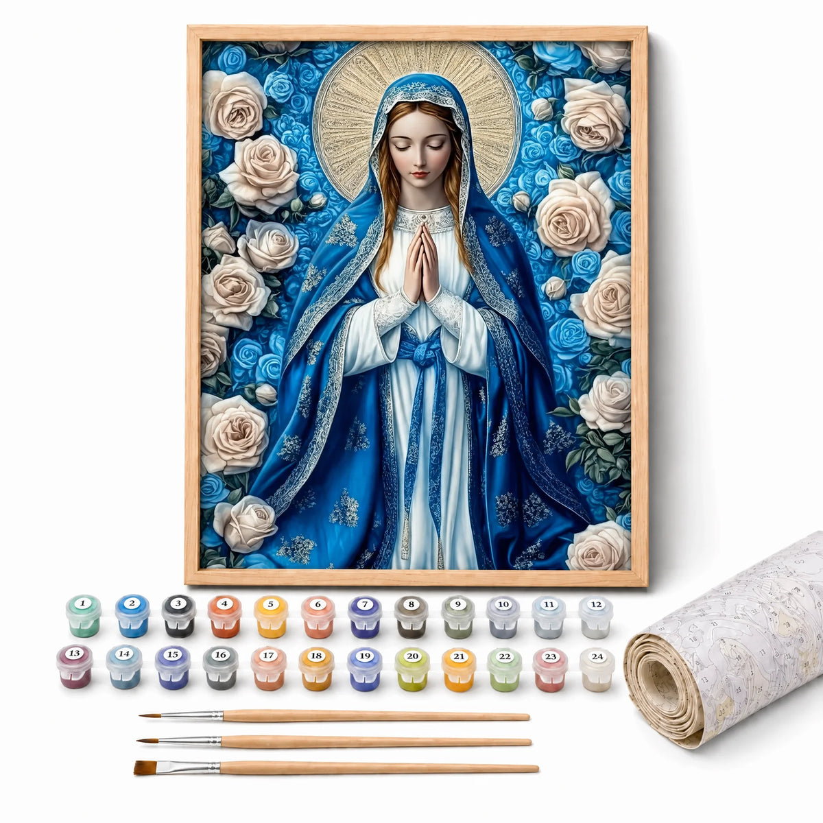 Ave Maria Roses Paint by Numbers Kit: complete kit with framed artwork, numbered paint pots and brushes