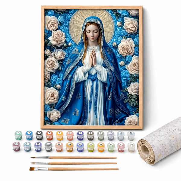 Ave Maria Roses Paint by Numbers Kit: complete kit with framed artwork, numbered paint pots and brushes