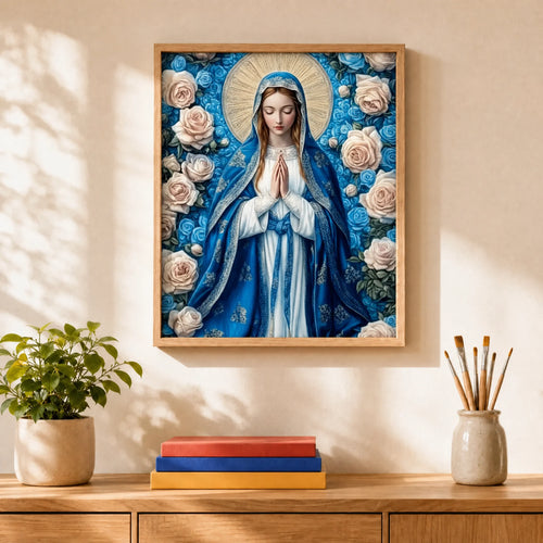 Ave Maria Roses Paint by Numbers Kit: finished canvas displayed in a living room