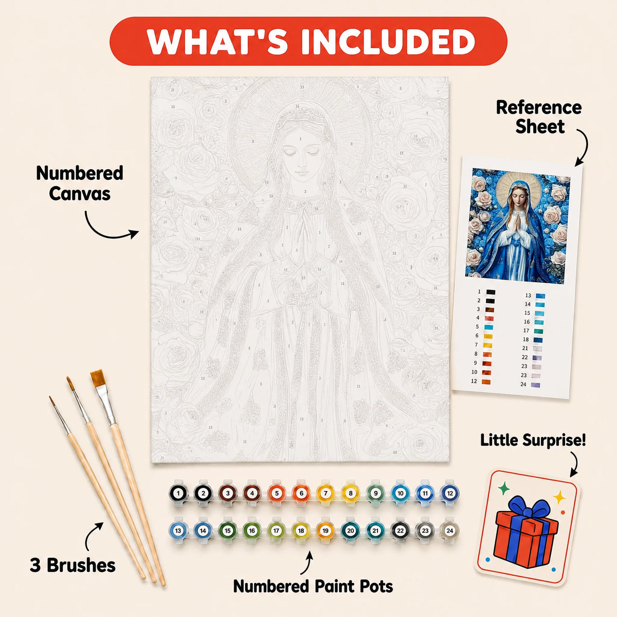 Ave Maria Roses Paint by Numbers Kit: everything included in the kit