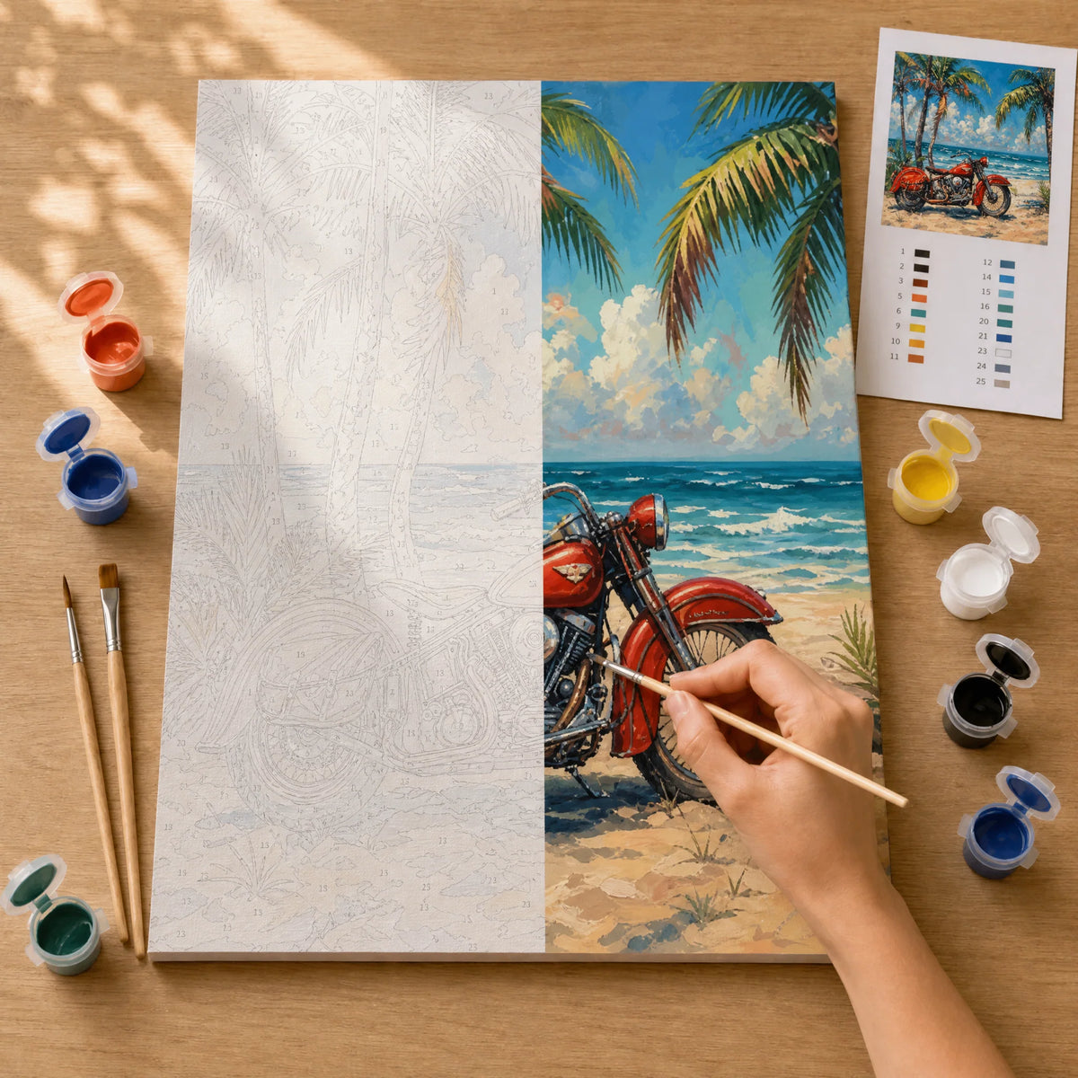 Beach Rider Paint by Numbers Kit: before and after: numbered canvas and hand painted result