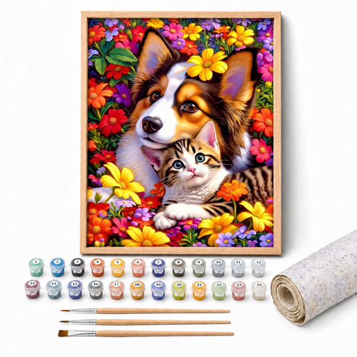 Best Friends Blooms Paint by Numbers Kit: complete kit with framed artwork, numbered paint pots and brushes