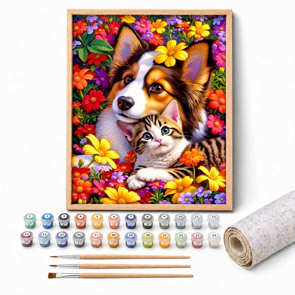 Best Friends Blooms Paint by Numbers Kit: complete kit with framed artwork, numbered paint pots and brushes