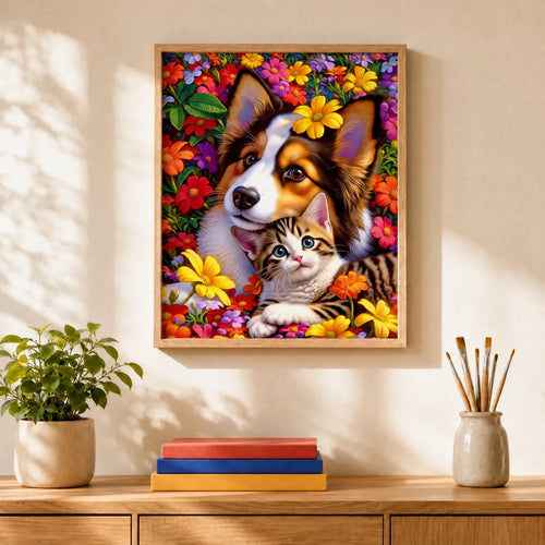 Best Friends Blooms Paint by Numbers Kit: finished canvas displayed in a living room