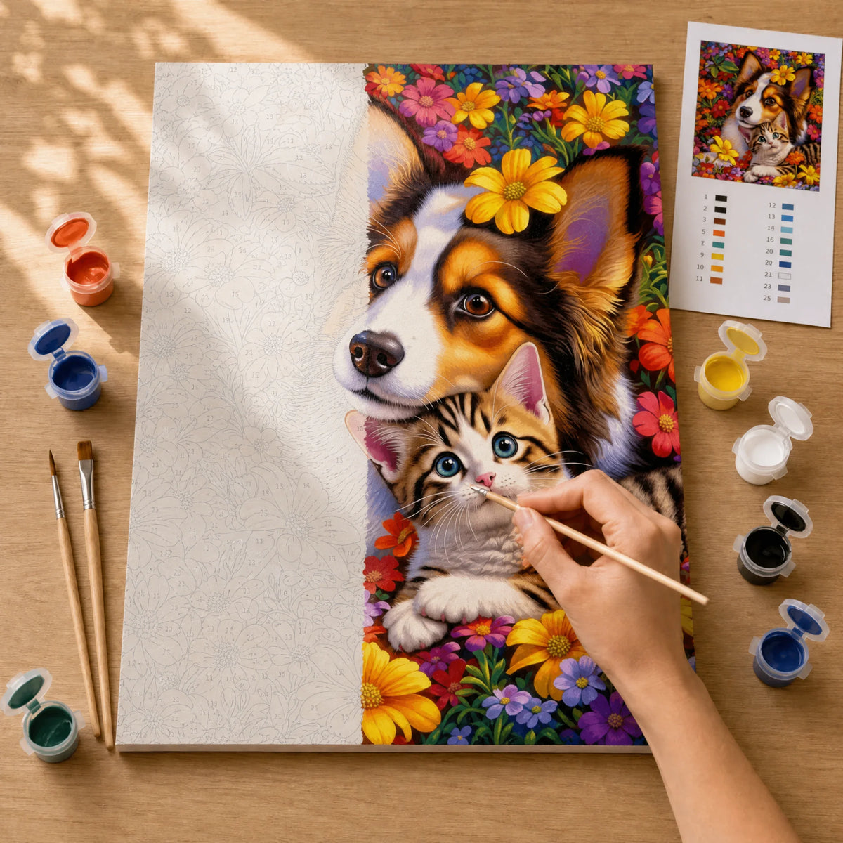 Best Friends Blooms Paint by Numbers Kit: before and after: numbered canvas and hand painted result