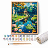 Birch River Cottage Paint by Numbers Kit: complete kit with framed artwork, numbered paint pots and brushes