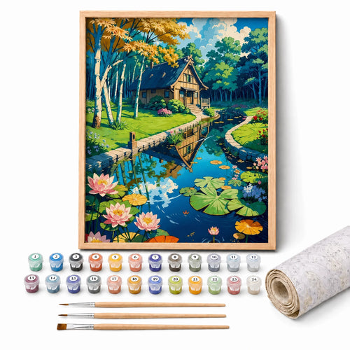 Birch River Cottage Paint by Numbers Kit: complete kit with framed artwork, numbered paint pots and brushes