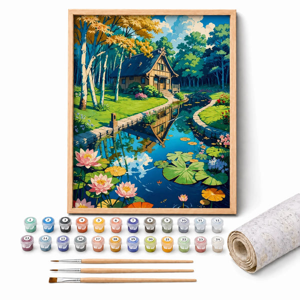 Birch River Cottage Paint by Numbers Kit: complete kit with framed artwork, numbered paint pots and brushes