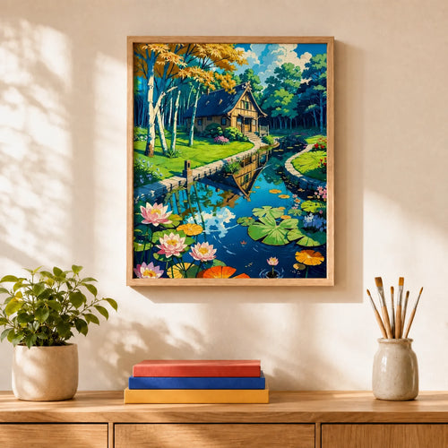 Birch River Cottage Paint by Numbers Kit: finished canvas displayed in a living room