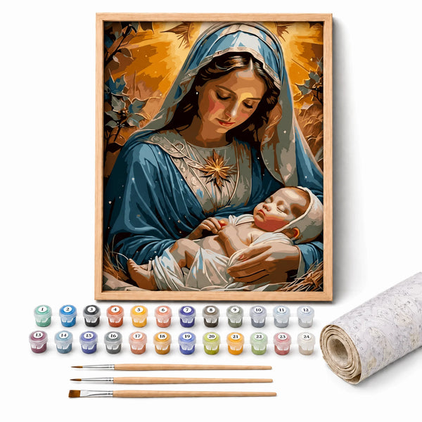 Blessed Mother Paint by Numbers Kit: complete kit with framed artwork, numbered paint pots and brushes