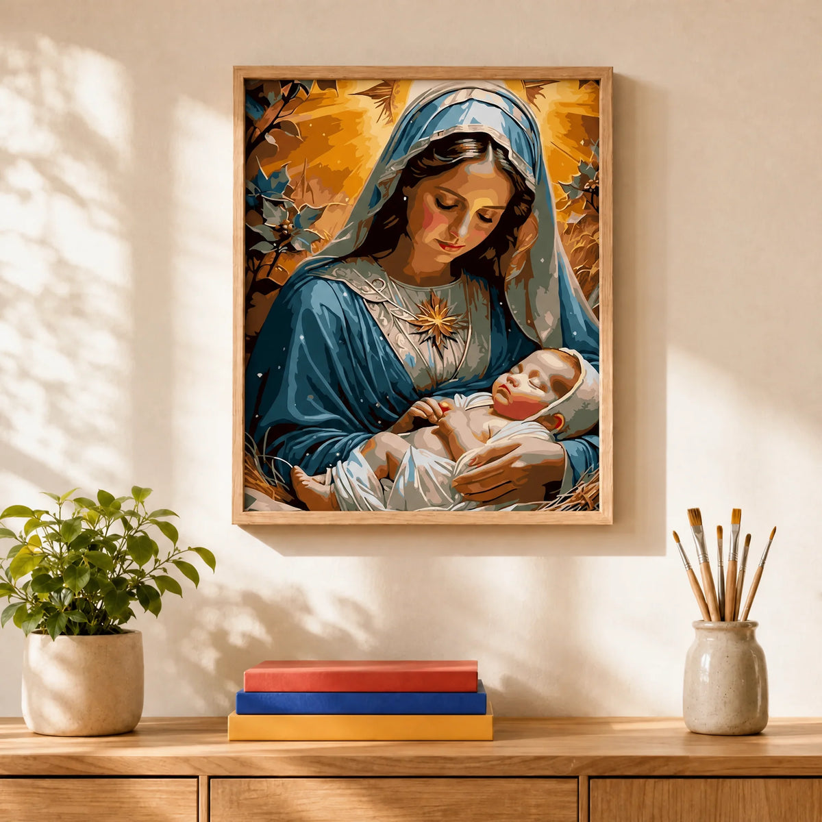 Blessed Mother Paint by Numbers Kit: finished canvas displayed in a living room