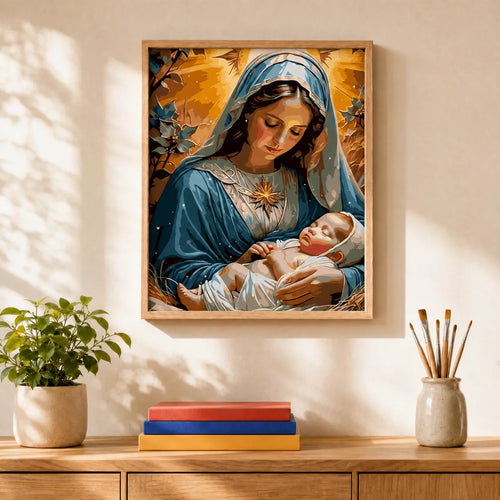 Blessed Mother Paint by Numbers Kit: finished canvas displayed in a living room