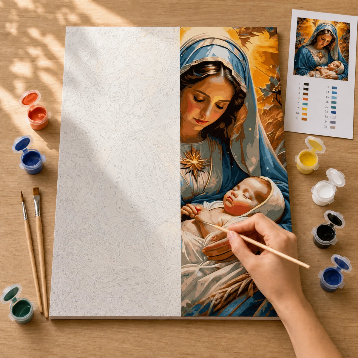 Blessed Mother Paint by Numbers Kit: before and after: numbered canvas and hand painted result