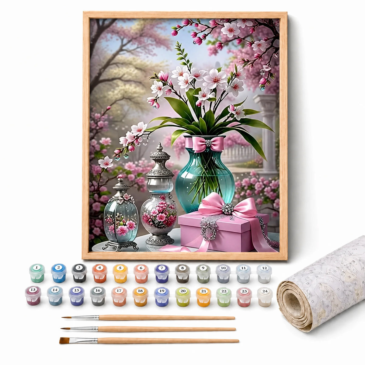 Blossom and Gifts Paint by Numbers Kit: complete kit with framed artwork, numbered paint pots and brushes