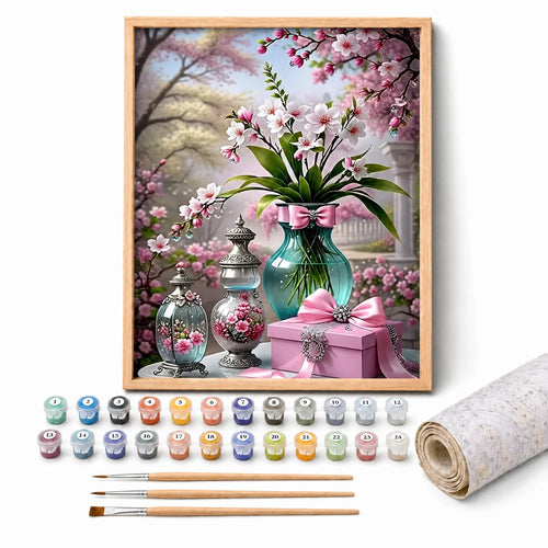 Blossom and Gifts Paint by Numbers Kit: complete kit with framed artwork, numbered paint pots and brushes